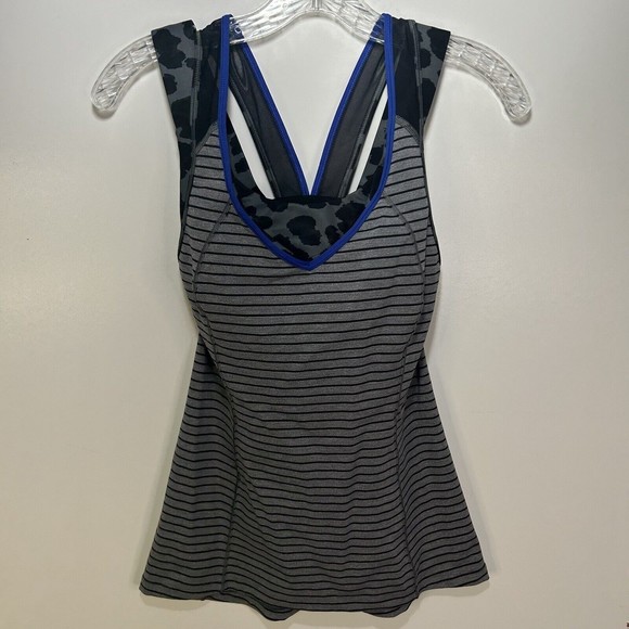 Lululemon Tops - Lululemon Sz. 4 Super Sport Gray Blue Striped Animal Print Athletic Tank Top